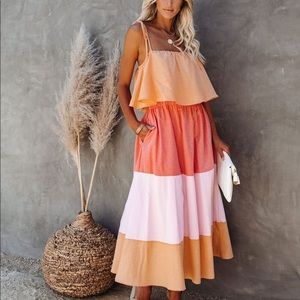 Vici McKenna Colorblock Pocketed Midi Dress - pink/peach/coral dress